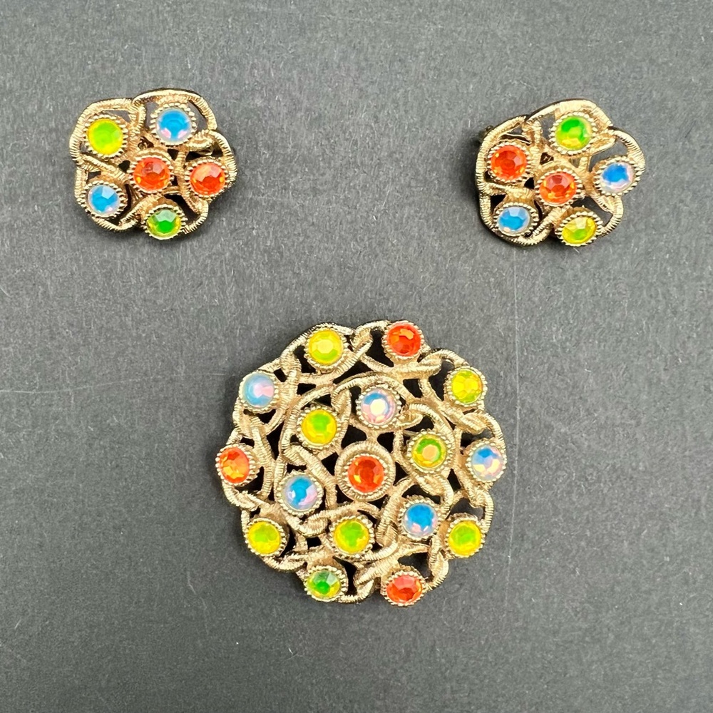 SOLD - Vintage Sarah Coventry MOON-LITES 1970 Rhinestone Brooch + Clip Earrings